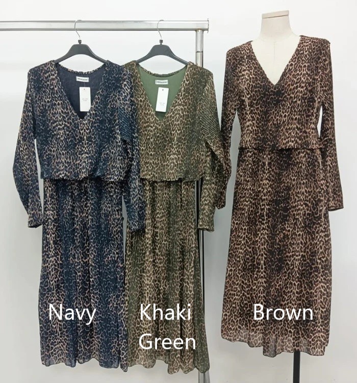 Leopard Print Plisse Pleated Layered Dress In Khaki Green - Image 2