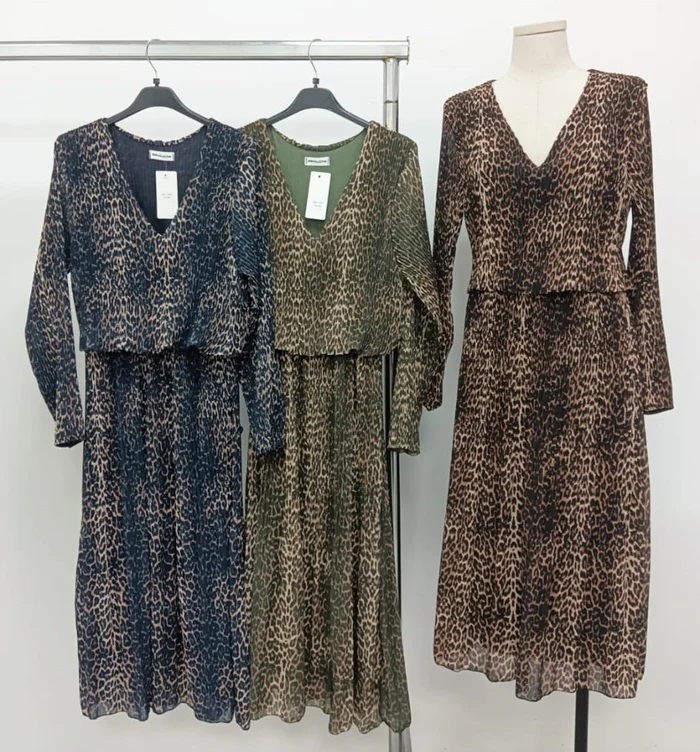 Leopard Print Plisse Pleated Layered Dress In Khaki Green
