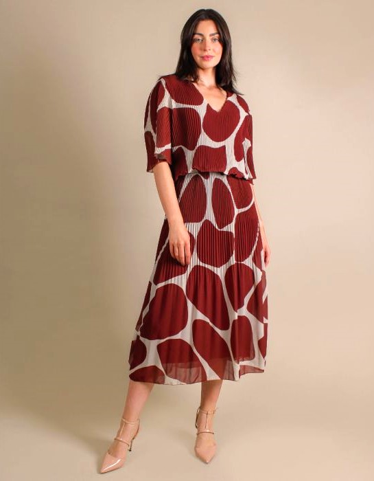 Pebble Print Plisse Layered Midaxi Dress Wine Red - Image 4