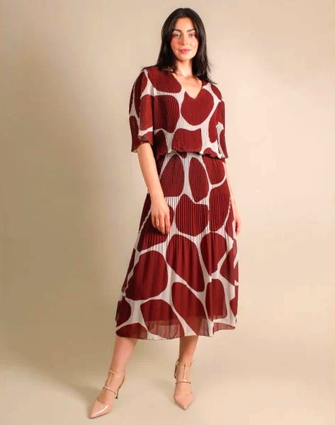 Pebble Print Plisse Layered Midaxi Dress Wine Red