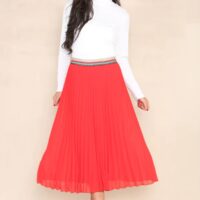 Red Pleated Midi Skirt