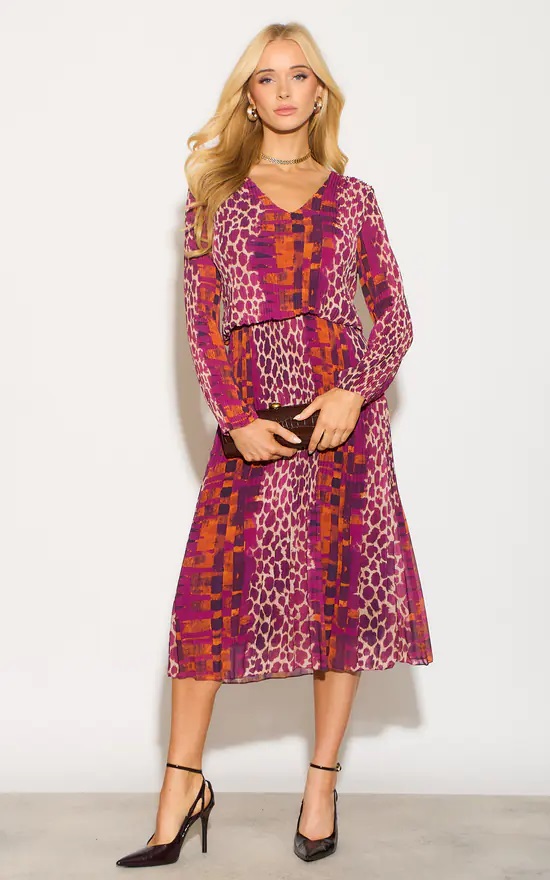 Giraffe Tonal Plisse Pleated Layered Dress In Burgundy - Image 4
