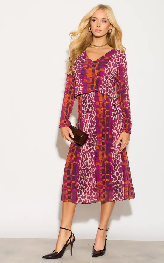 Giraffe Tonal Plisse Pleated Layered Dress In Burgundy - Image 5