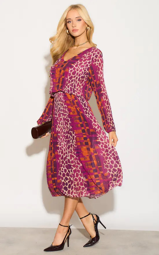 Giraffe Tonal Plisse Pleated Layered Dress In Burgundy - Image 7
