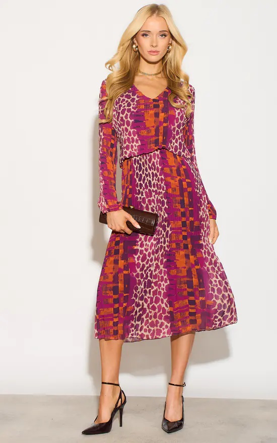 Giraffe Tonal Plisse Pleated Layered Dress In Burgundy - Image 2