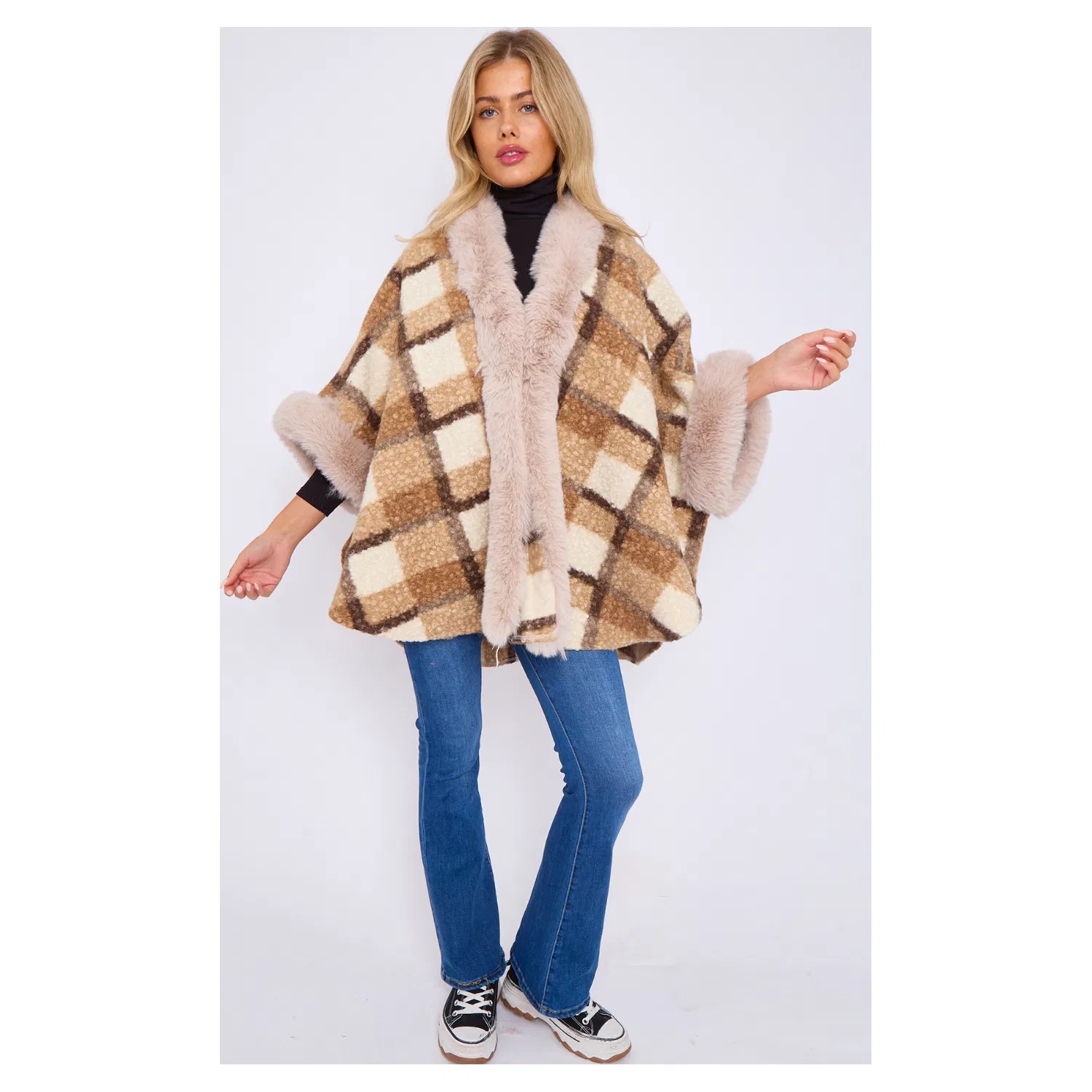 Faux Fur Front Opening Check Cape - Image 4