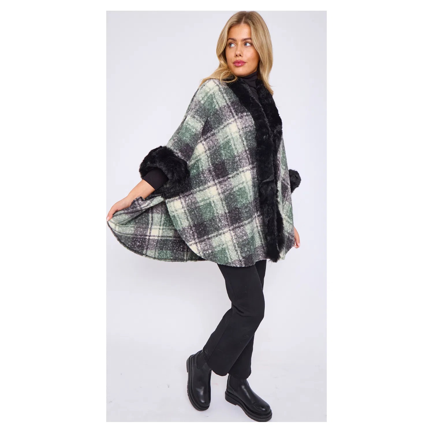 Faux Fur Front Opening Check Cape - Image 8