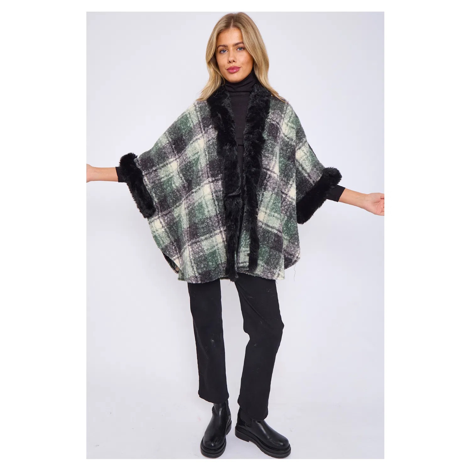 Faux Fur Front Opening Check Cape - Image 9