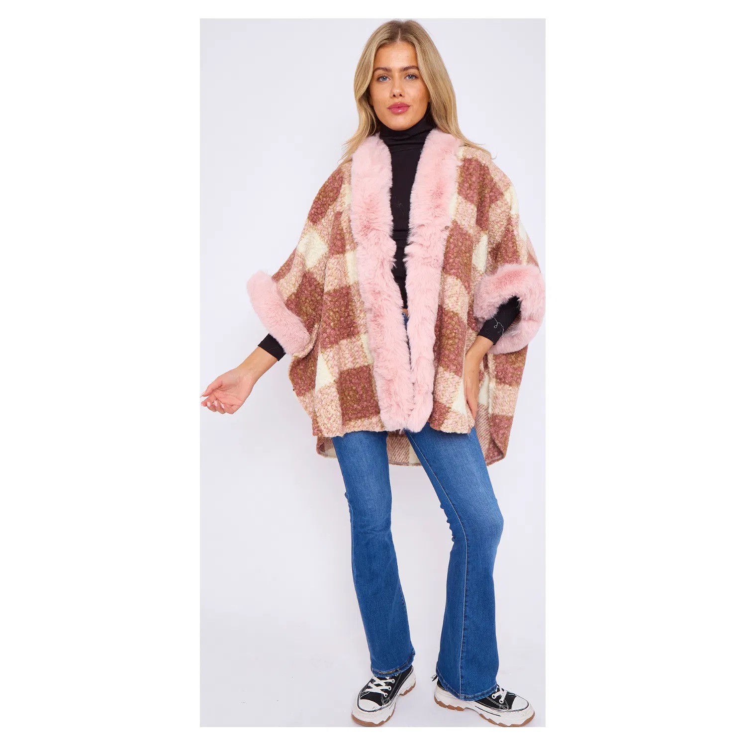 Faux Fur Front Opening Check Cape - Image 10