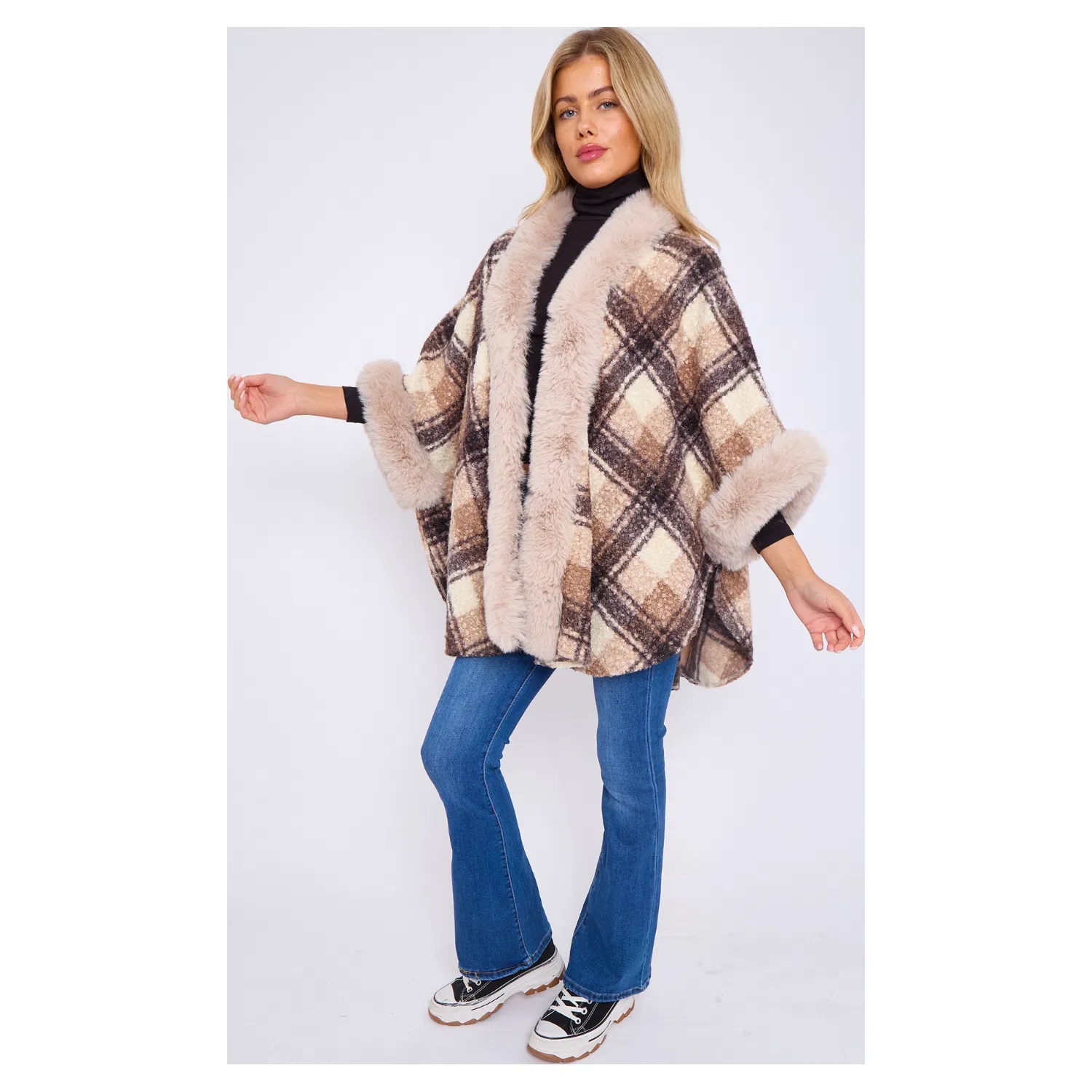 Faux Fur Front Opening Check Cape - Image 11
