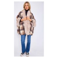 Faux Fur Front Opening Check Cape