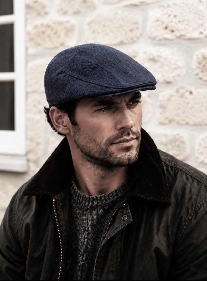 Blue Herringbone Flat Cap