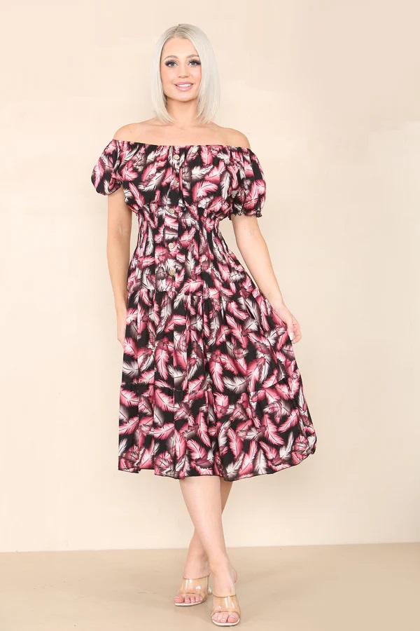 Feather Printed Bardot Midi Dress
