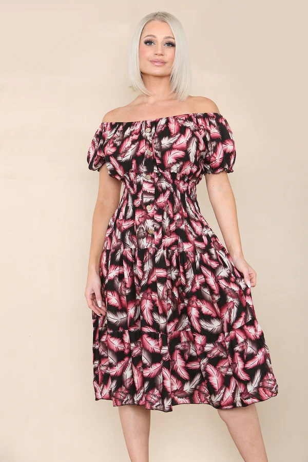 Feather Printed Bardot Midi Dress - Image 8