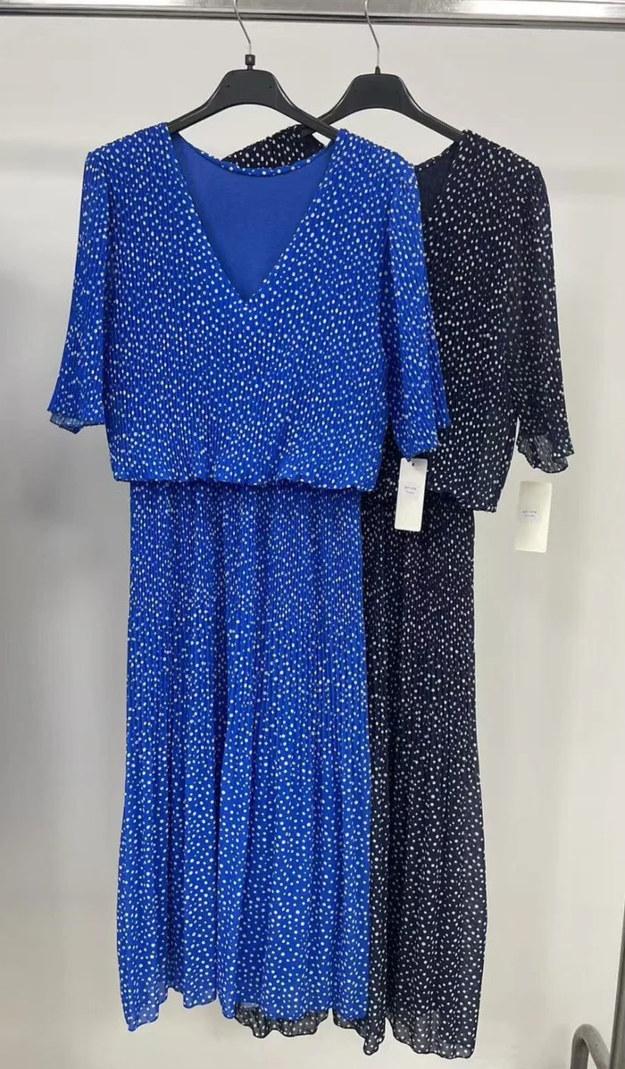 Sonia Polka Dot Print Plisse Layered Midaxi Dress Royal Blue
