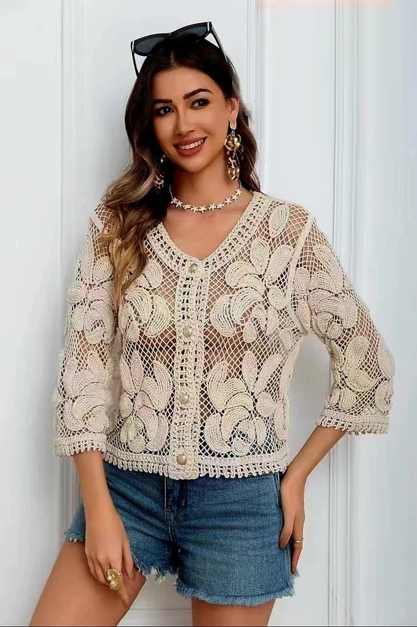 Beige Gold Button Cotton Cropped Crochet Cardigan