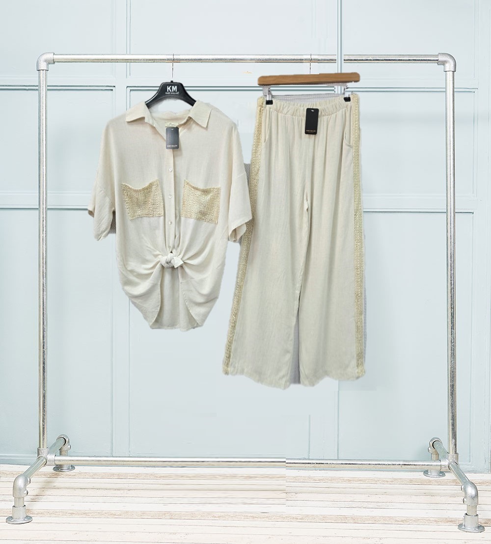 Linen Cotton Wide Leg Gold Foil Panel Detail Top and Trousers