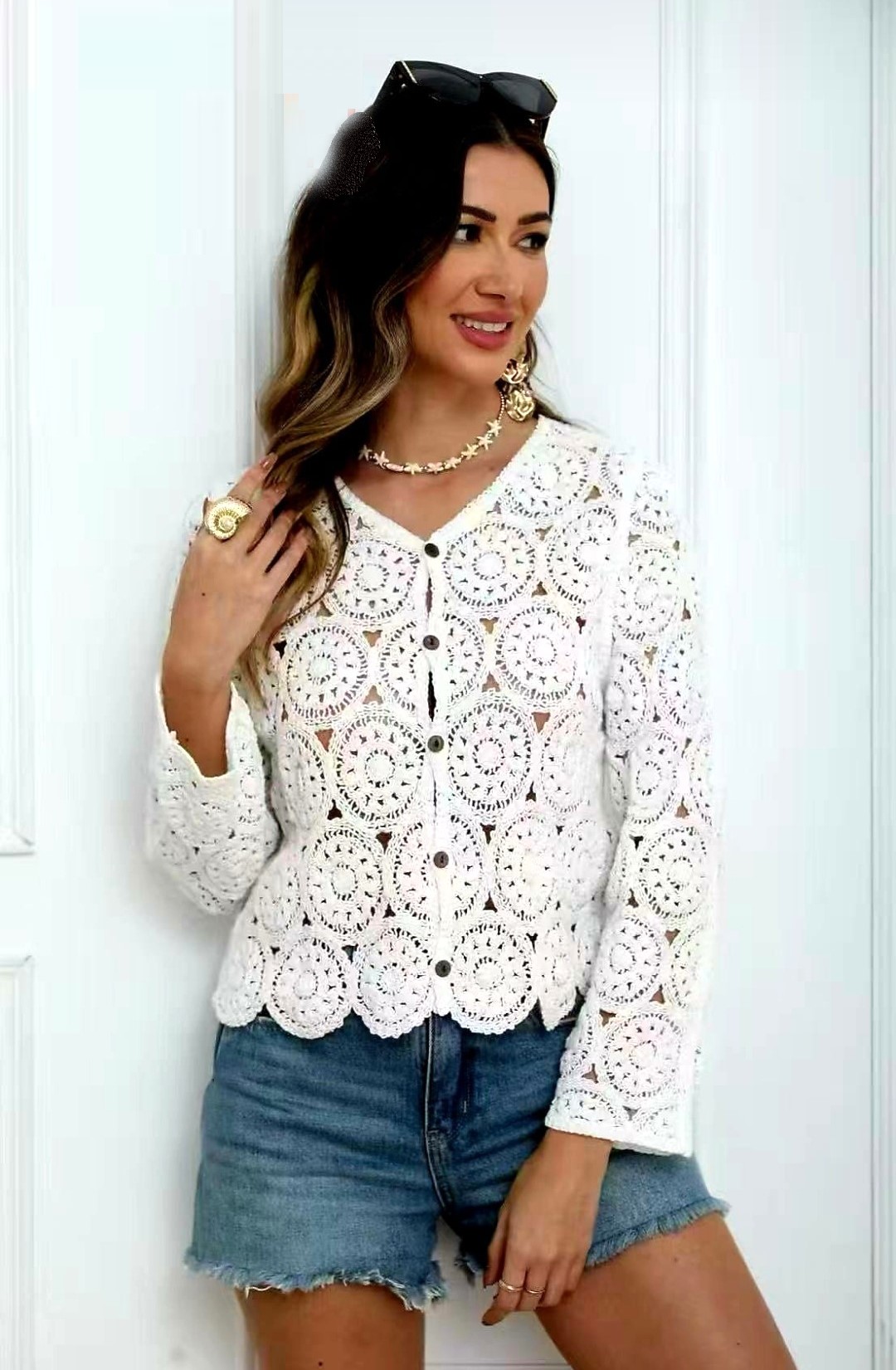 White Crochet Button Cardigan