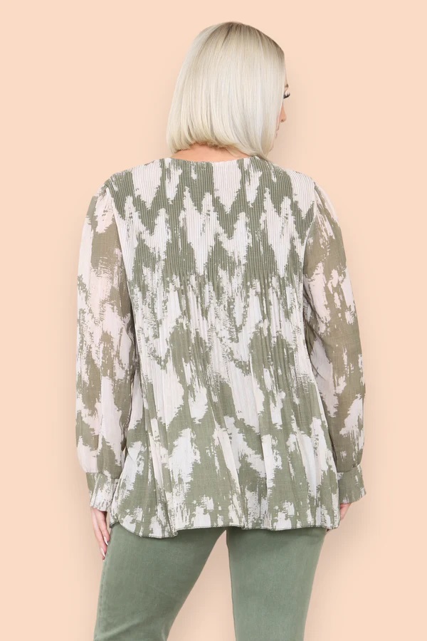 Sasha Swirl Chiffon Pleated Top in Khaki - Image 3
