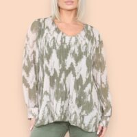 Sasha Swirl Chiffon Pleated Top in Khaki