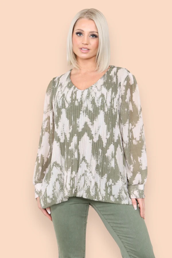 Sasha Swirl Chiffon Pleated Top in Khaki - Image 4