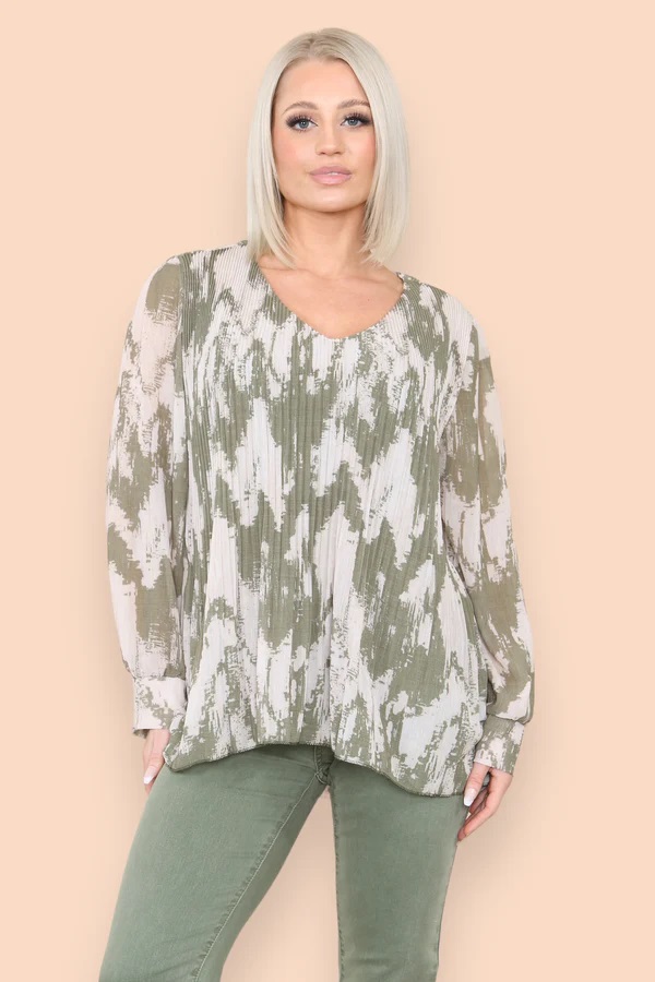 Sasha Swirl Chiffon Pleated Top in Khaki