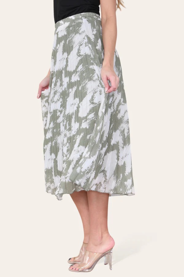 Sasha Swirl Print Pleated Midi Skirt in Khaki - Image 3
