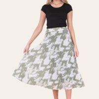 Sasha Swirl Print Pleated Midi Skirt in Khaki
