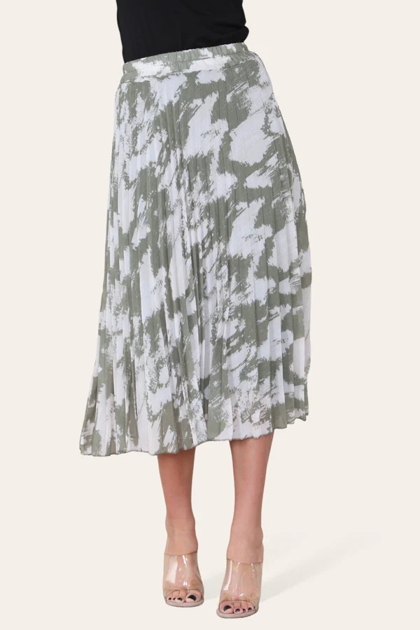 Sasha Swirl Print Pleated Midi Skirt in Khaki - Image 4