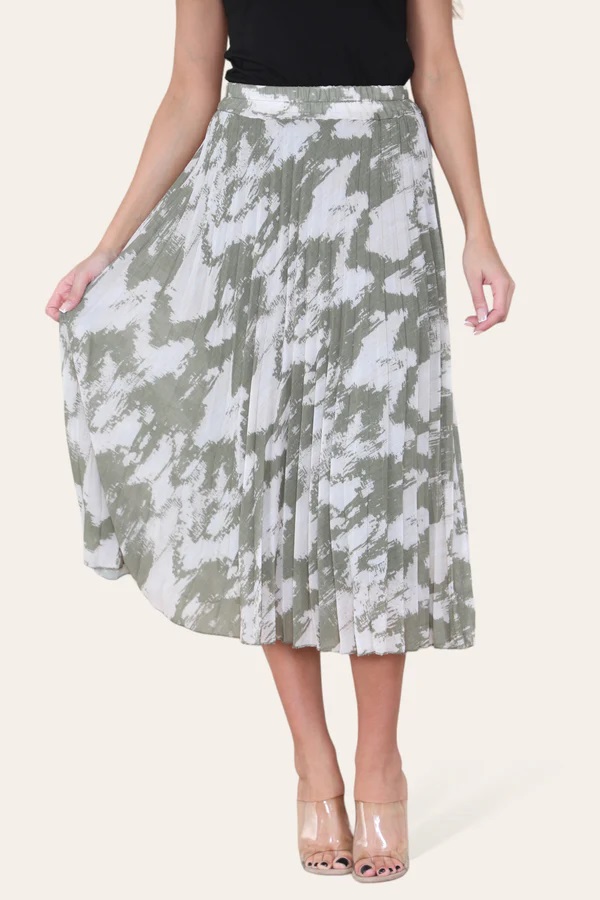 Sasha Swirl Print Pleated Midi Skirt in Khaki - Image 5