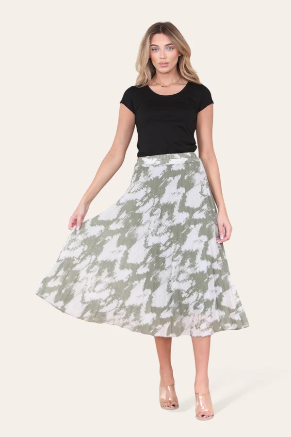 Sasha Swirl Print Pleated Midi Skirt in Khaki