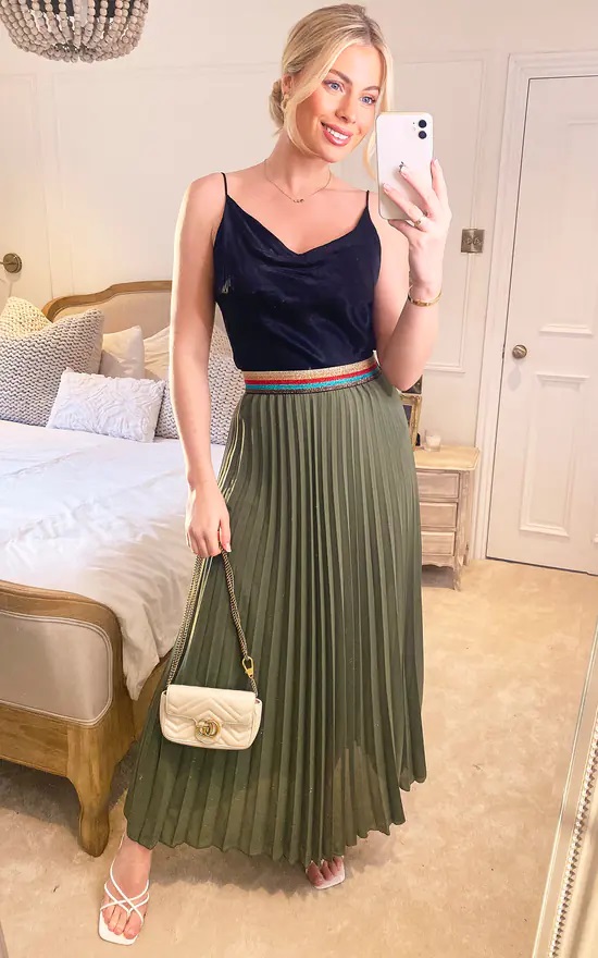 Khaki Green Pleated Maxi Skirt