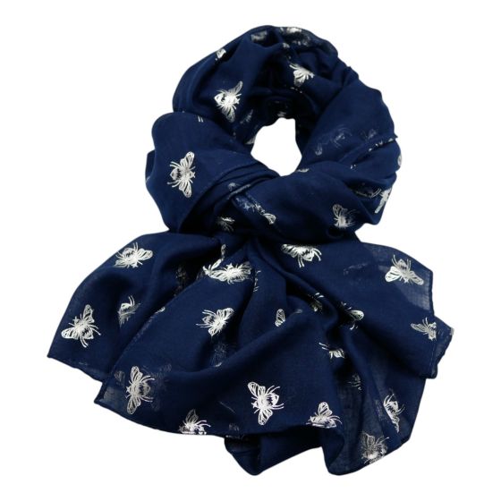 Navy Blue Silver Foil Bee Maxi Scarf