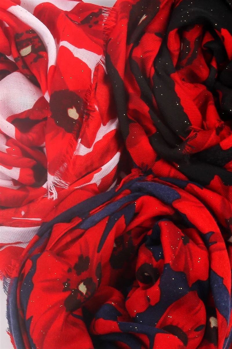 Glitter Bold Red Poppy Print Frayed Scarf
