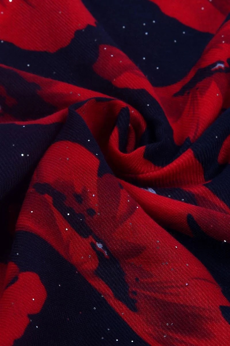 Glitter Bold Red Poppy Print Frayed Scarf - Image 3