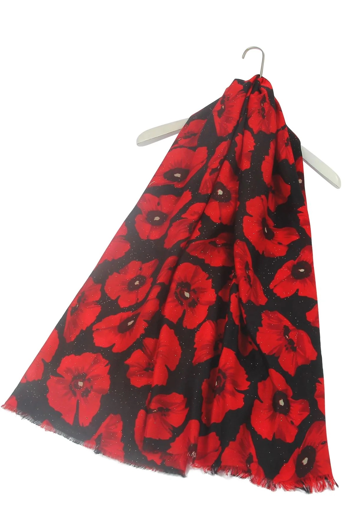 Glitter Bold Red Poppy Print Frayed Scarf - Image 4