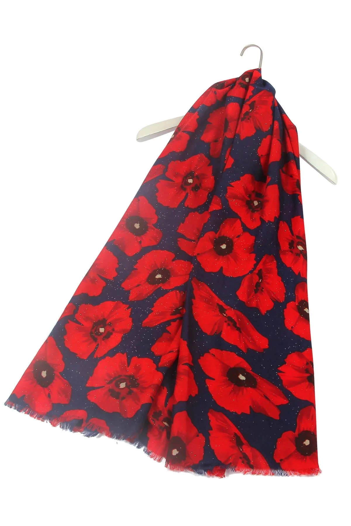 Glitter Bold Red Poppy Print Frayed Scarf - Image 5