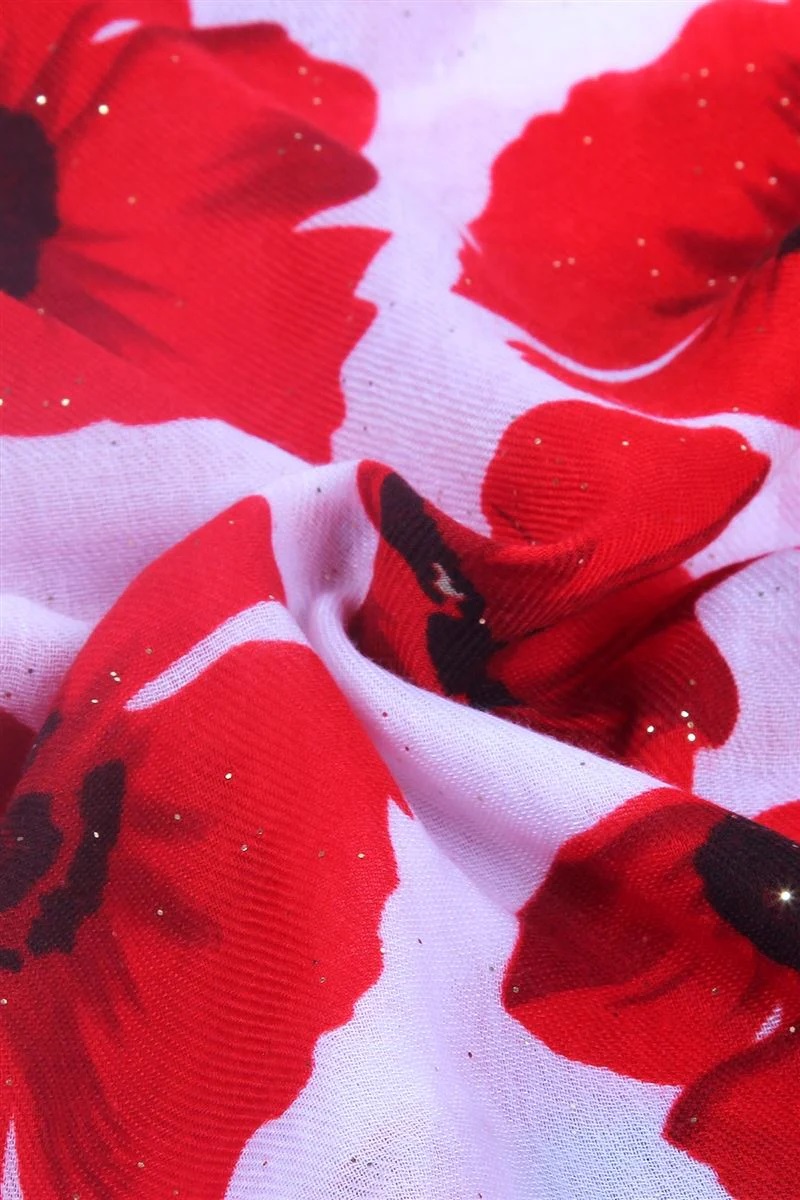 Glitter Bold Red Poppy Print Frayed Scarf - Image 6