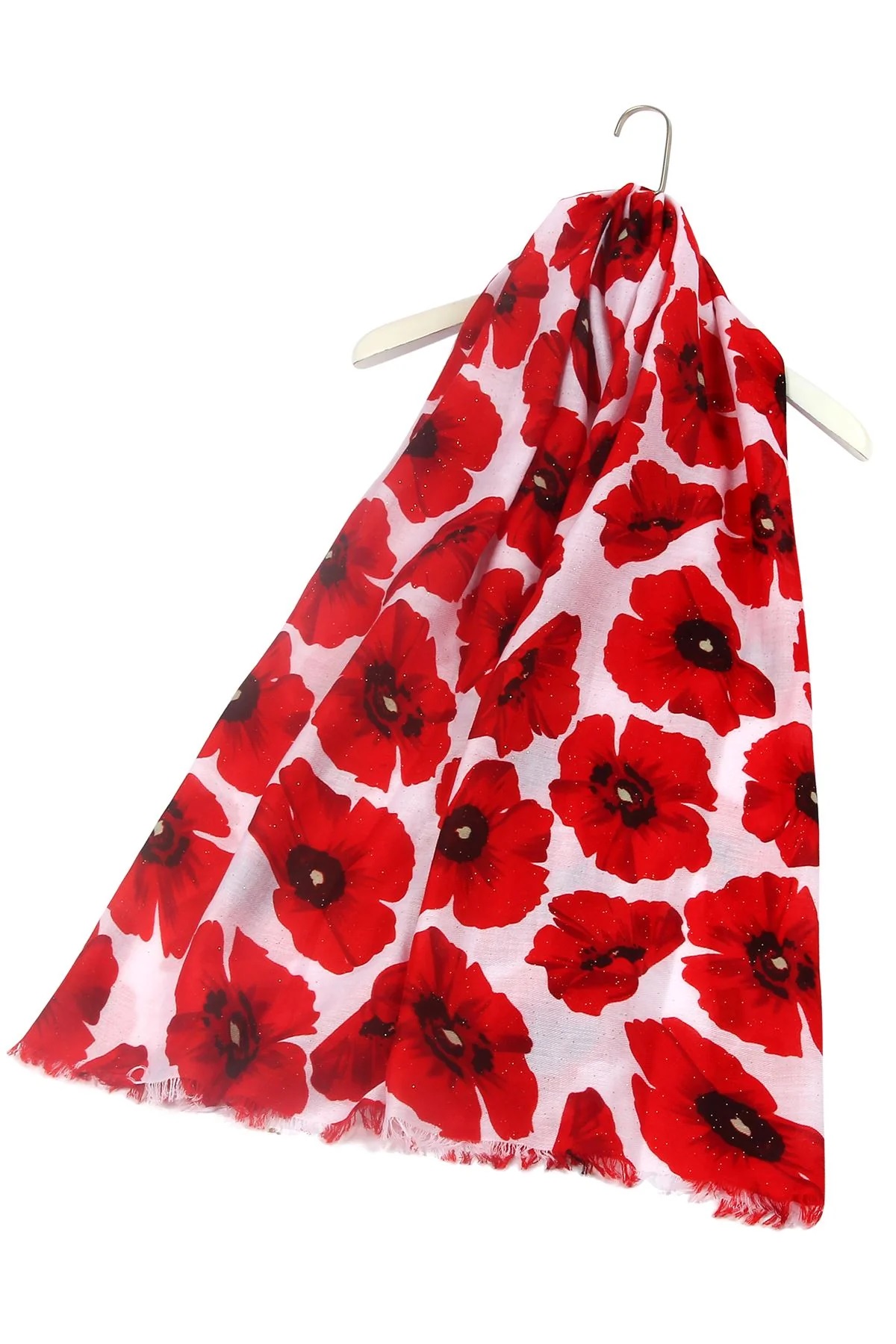Glitter Bold Red Poppy Print Frayed Scarf - Image 7