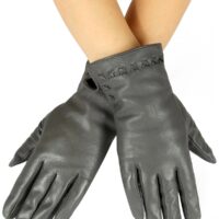Grey Genuine Leather Criss Cross Stitch Detail Gloves