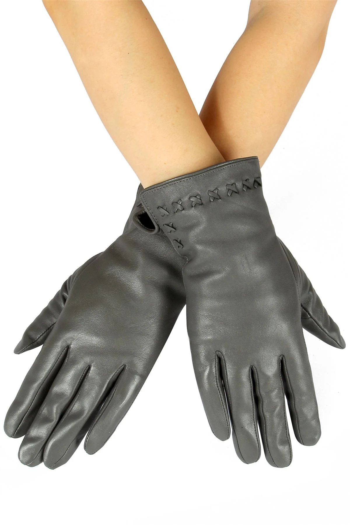 Grey Genuine Leather Criss Cross Stitch Detail Gloves