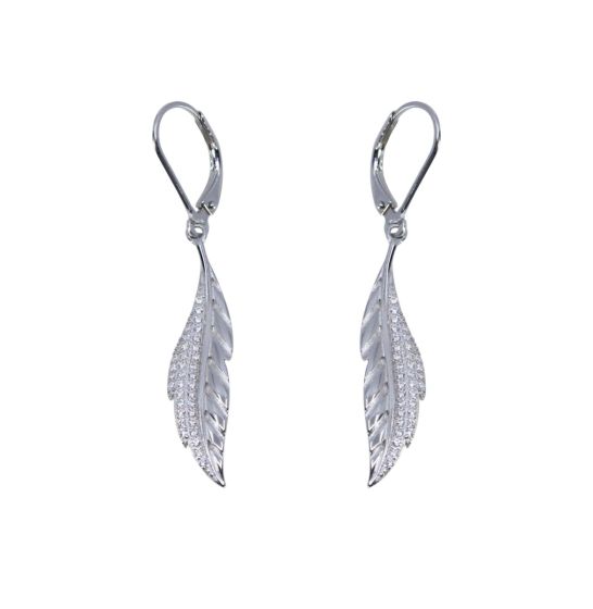 925 Silver CZ Feather Drop Earrings