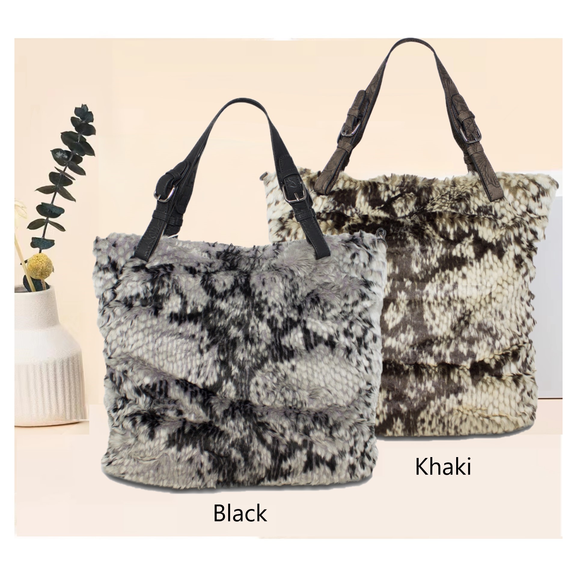 Alpini Double Handles Fluffy Tote Bag with Animal Prints JS4904 Both Colours