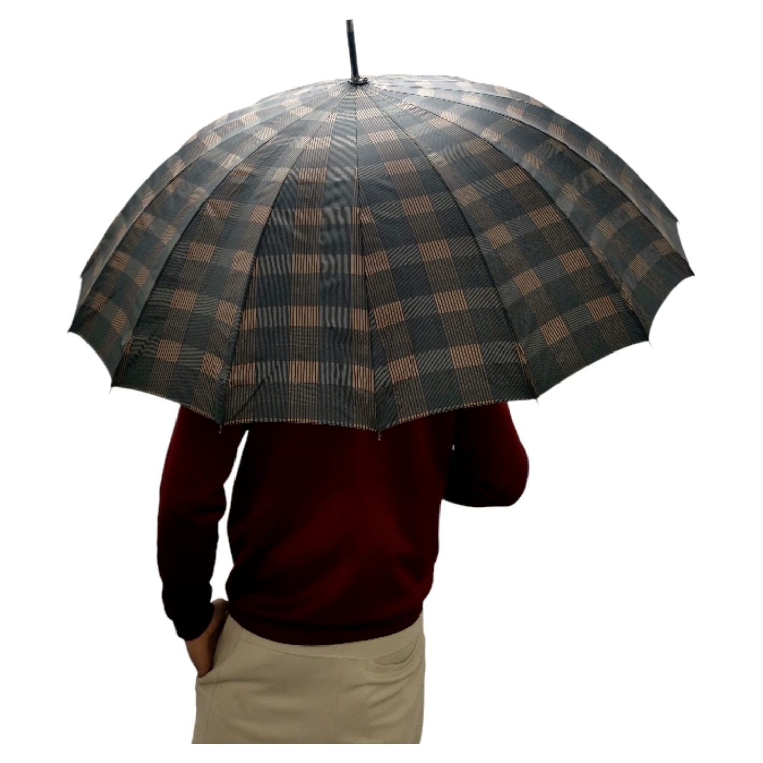 Black Checked Print Long Umbrella - Image 4