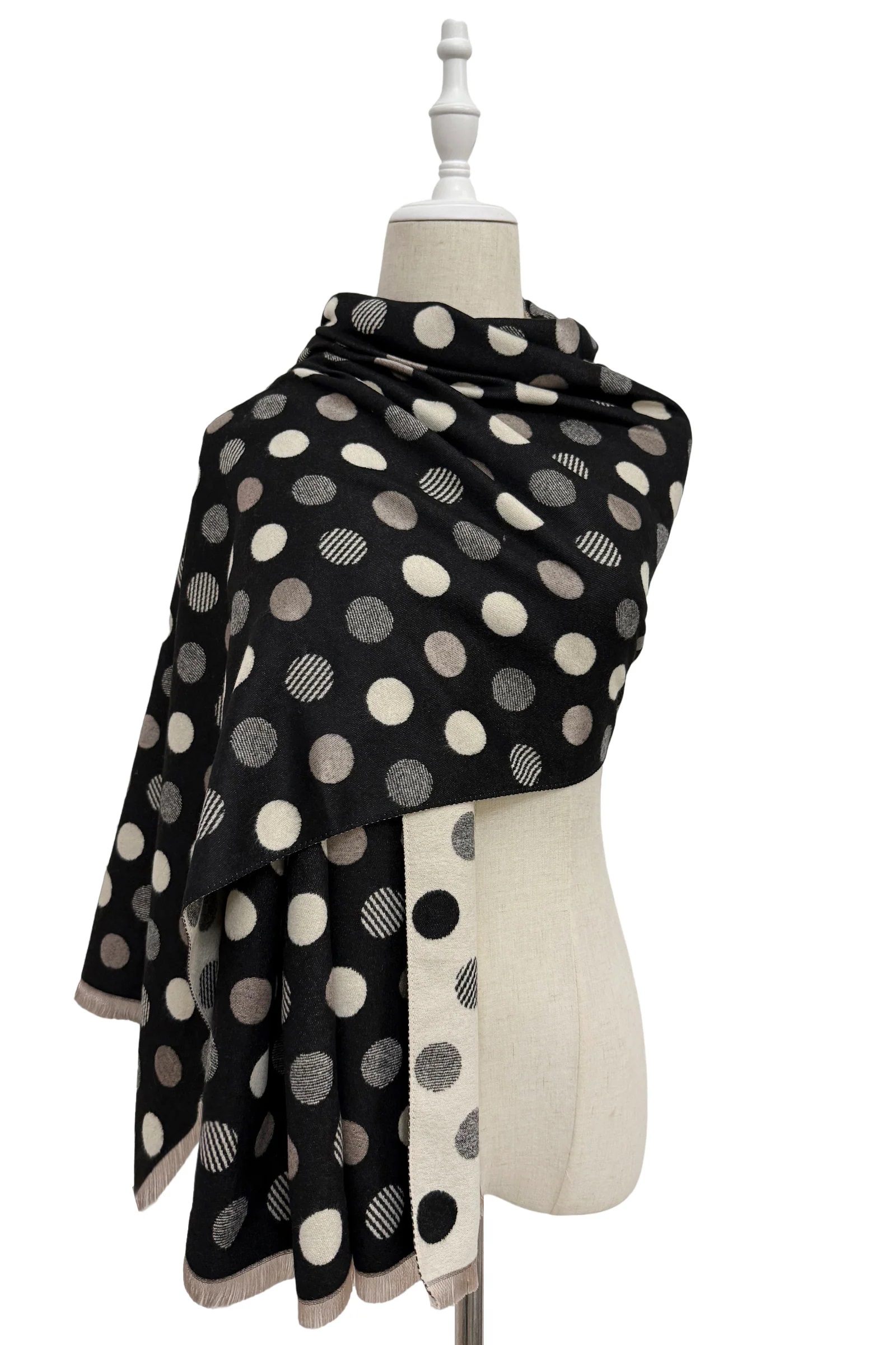 Polka Dot Reversible Wool Frayed Scarf - Image 8