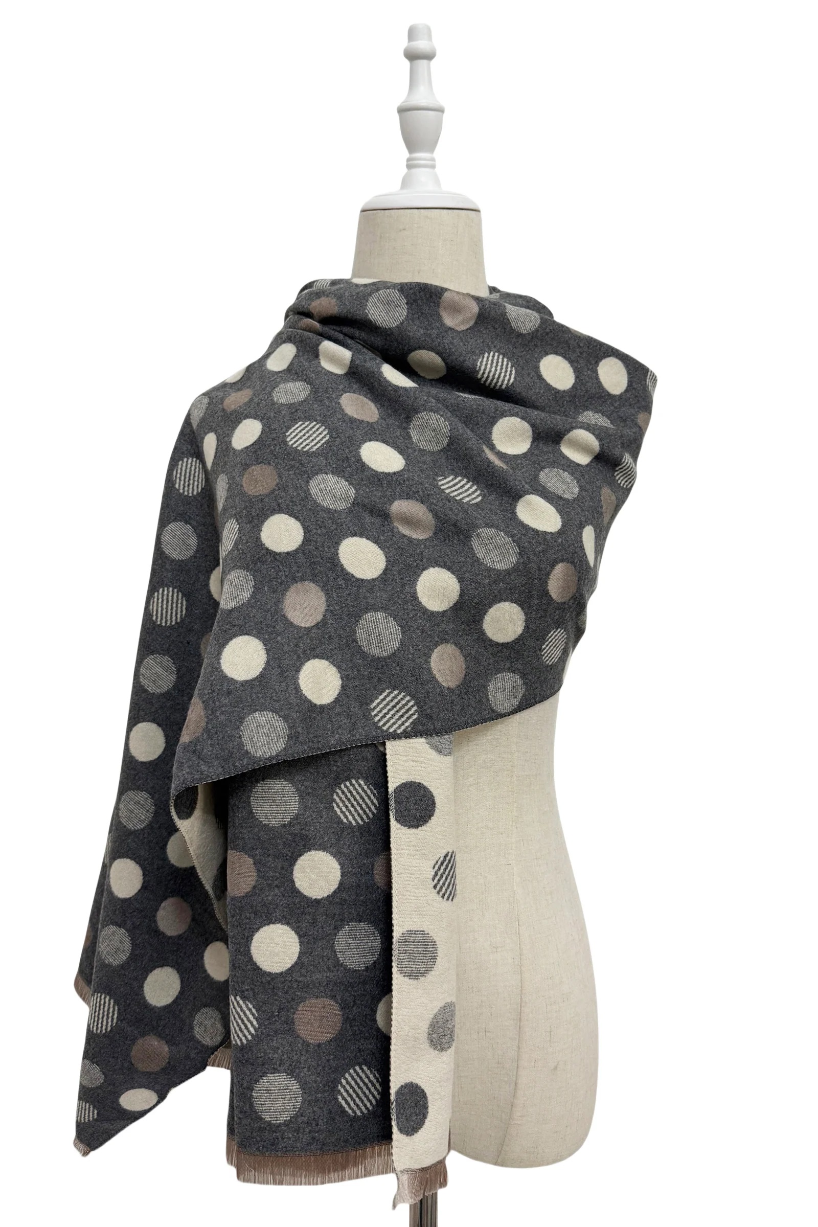 Polka Dot Reversible Wool Frayed Scarf - Image 6