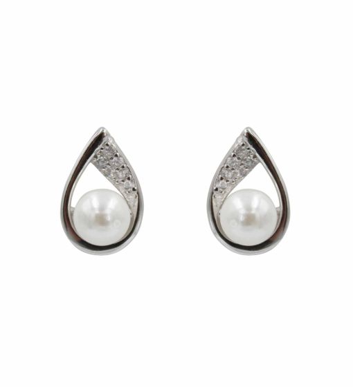 925 Silver Teardrop Clear CZ & Freshwater Pearl Stud Earrings