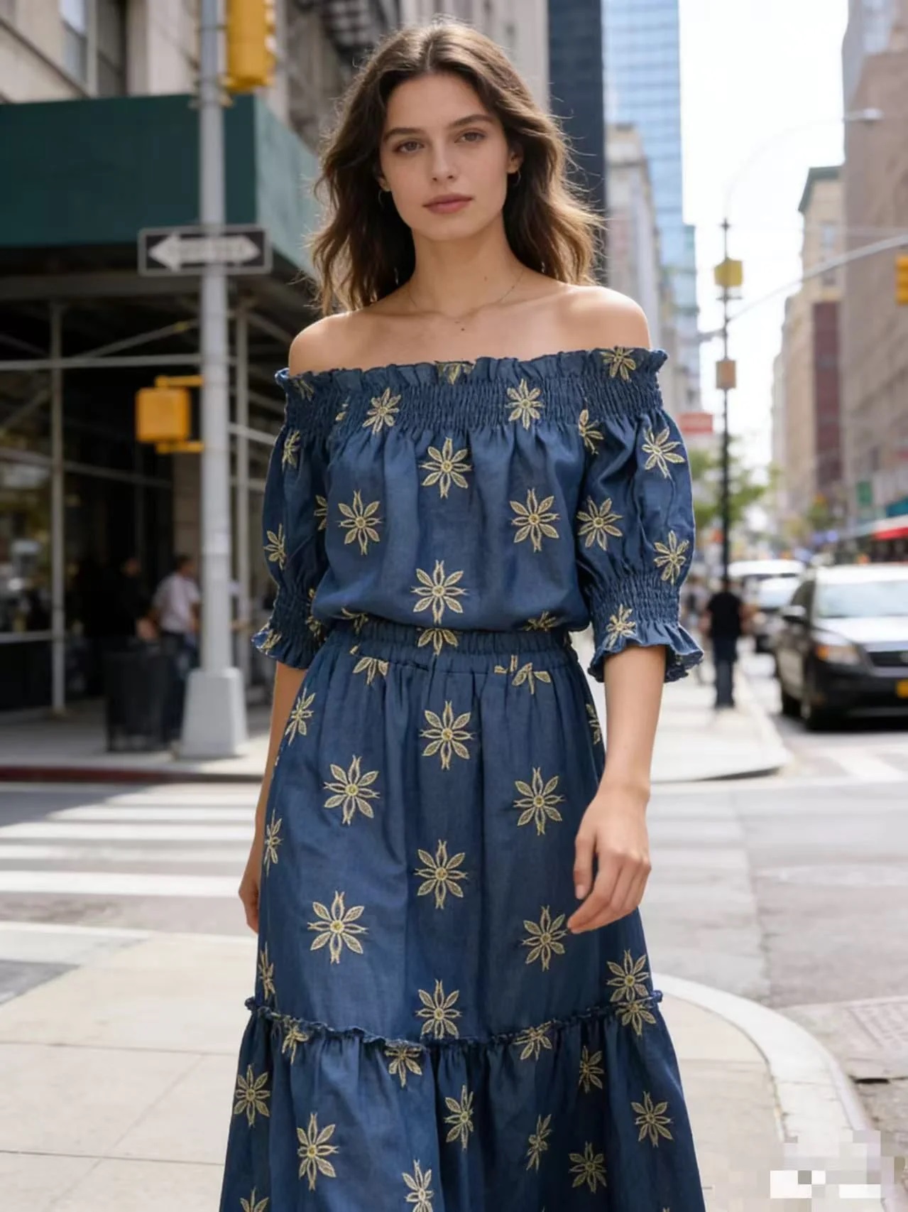 Gold Embroidery Cotton Denim Skirt - Image 3