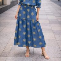 Gold Embroidery Cotton Denim Skirt