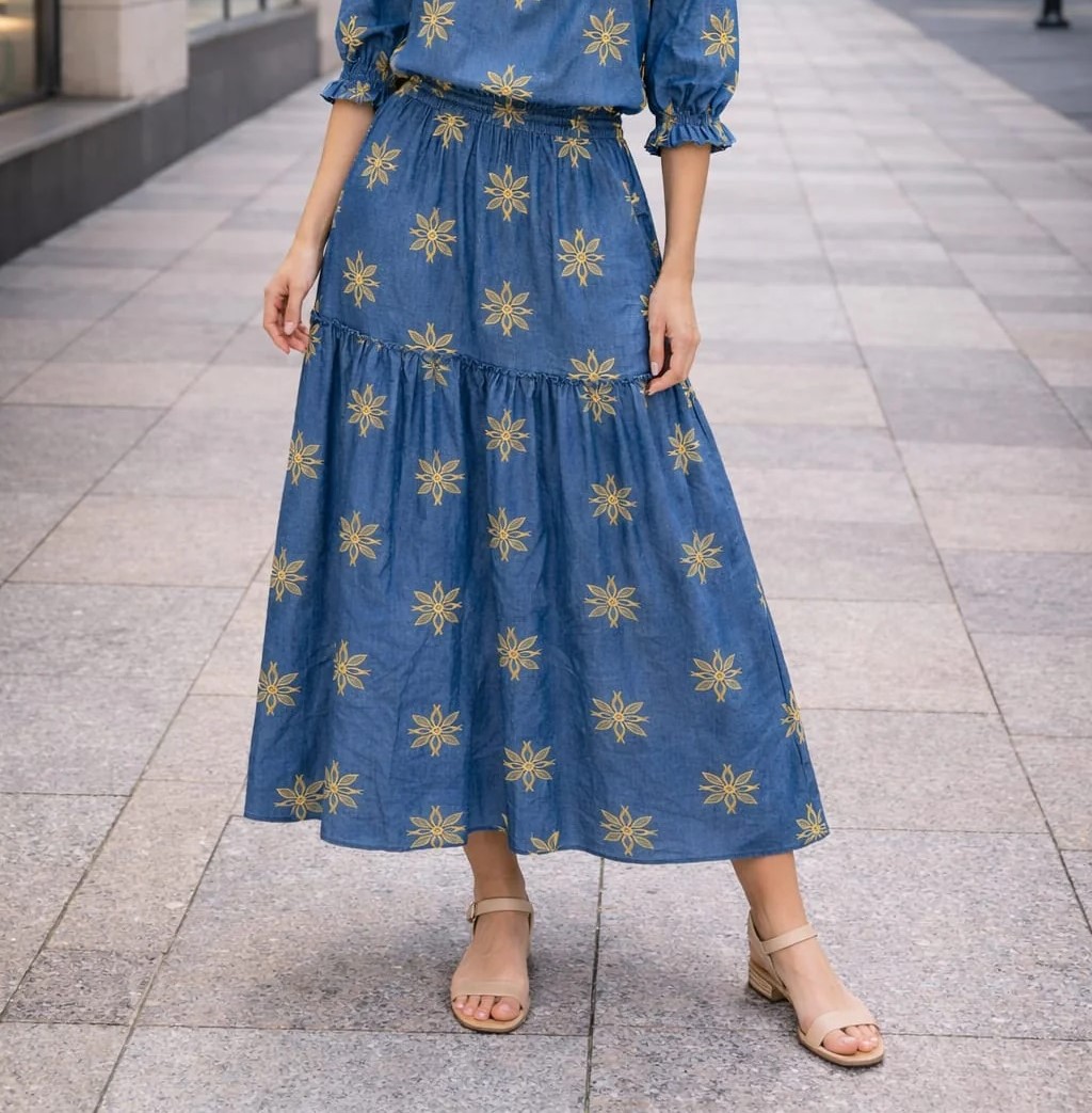 Gold Embroidery Cotton Denim Skirt